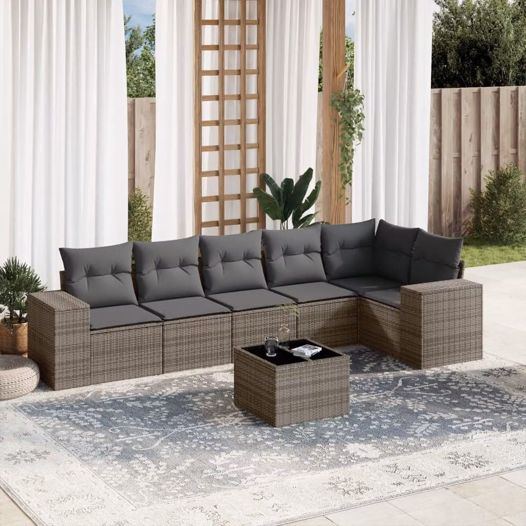 Set di divani da giardino vidaXL a forma di L composto da 7 pezzi con cuscini grigi in polyrattan e tavolino da esterno – 1