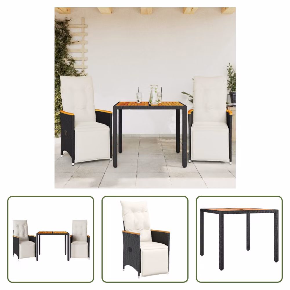 The Living Store Set da giardino bistrot 3 pezzi con cuscini in poly rattan nero