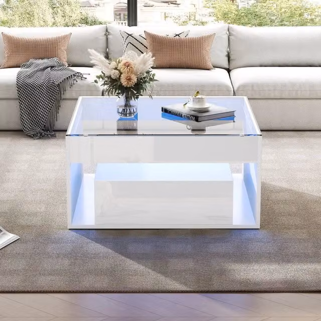 Tavolino da caff¨¨ ¨C Minimal ¨C Bianco lucido, piano vetro temperato, 2 cassetti, design, con LED, 70x70x35cm