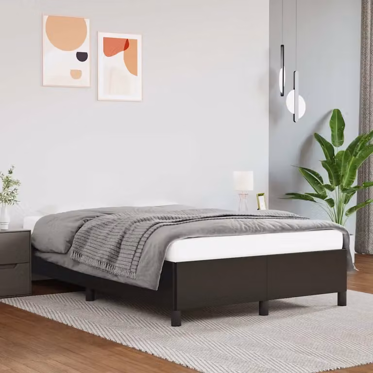 Letto matrimoniale moderno in similpelle nero con struttura in legno e doghe, L/P: 120 x 200 cm