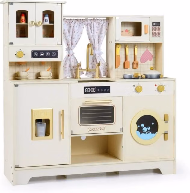 Cucina giocattolo in legno di faggio HELLOSHOP26 beige con 14 accessori, design scandinavo, L/P/H: 95 x 32 x 96 cm