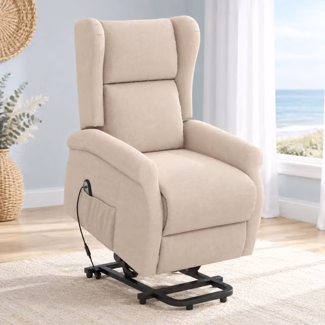 Poltrona relax elettrica con alzata e reclinazione in legno bianco crema