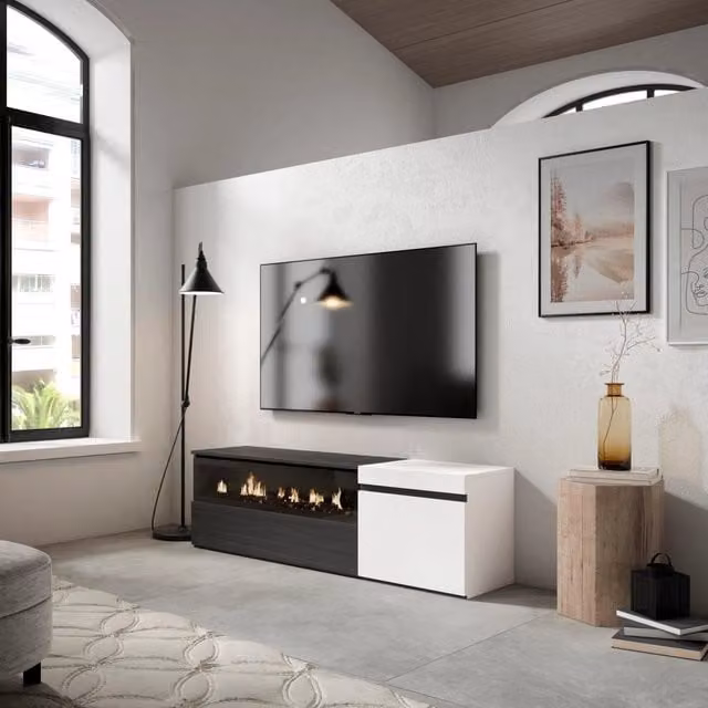 Mobile TV Soggiorno, 150x35x45cm, Per TV fino a 65", Camino elettrico, Bianco e nero RF2442