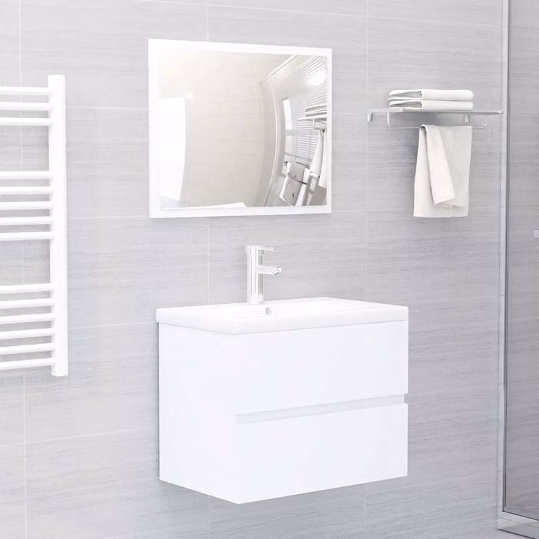 Set Mobili da Bagno Moderno vidaXL in 2 Pezzi Bianco Lucido con Mobile Lavabo e Armadietto Specchio in MDF