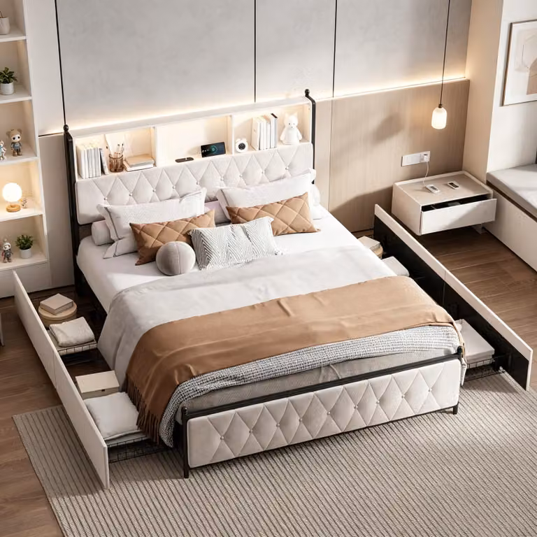 Letto imbottito INONEFT, 180x200 cm, con 4 cassetti, letto per ragazzi/coppie con LED e USB, testiera imbottita con spazio contenitivo, rete a doghe, tessuto velluto, color beige