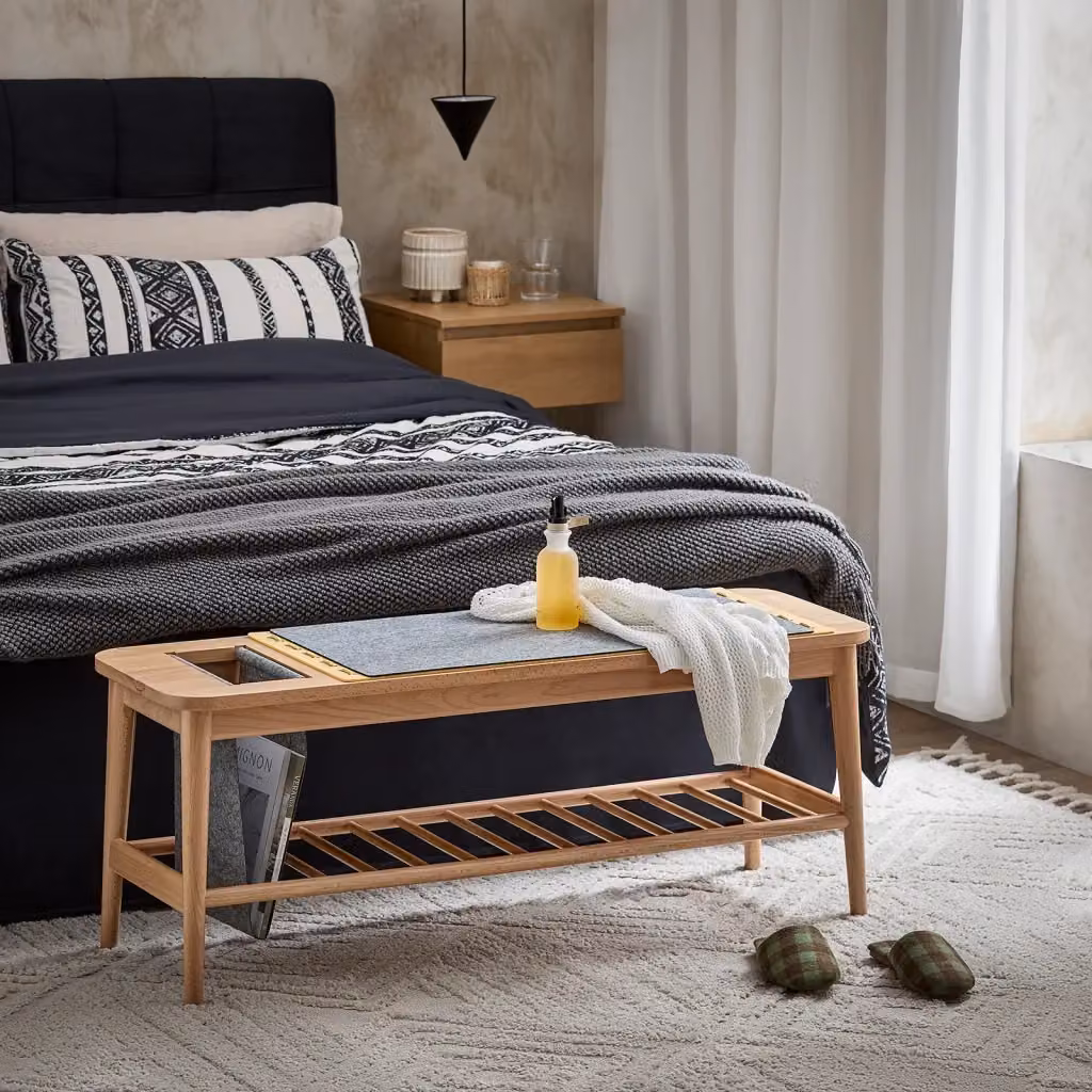 Panca scarpiera e cassapanca SOBUY per bagno o ingresso, colore naturale e grigio, L: 110 cm, P: 37 cm, H: 44 cm – 2