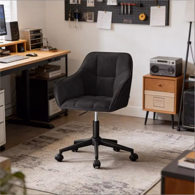 Sedia ergonomica girevole WISHDOR in velluto nero con base in metallo e ruote, ideale per ufficio e casa