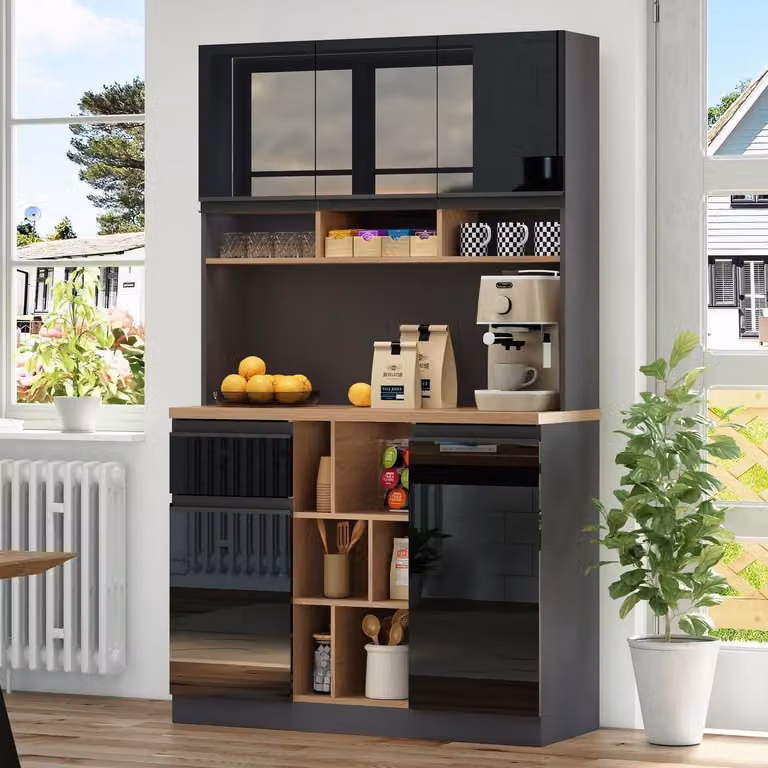 Mobiletto da cucina, credenza, 105x45x185 cm, nero lucido, con cassetti e ripiani aperti