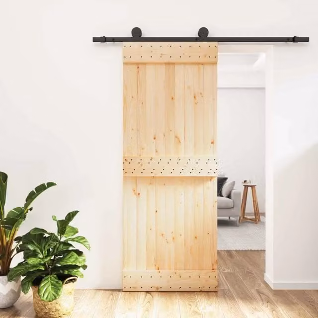Porta scorrevole moderna vidaXL in legno e acciaio, colore naturale e nero, L: 80 cm, H: 210 cm