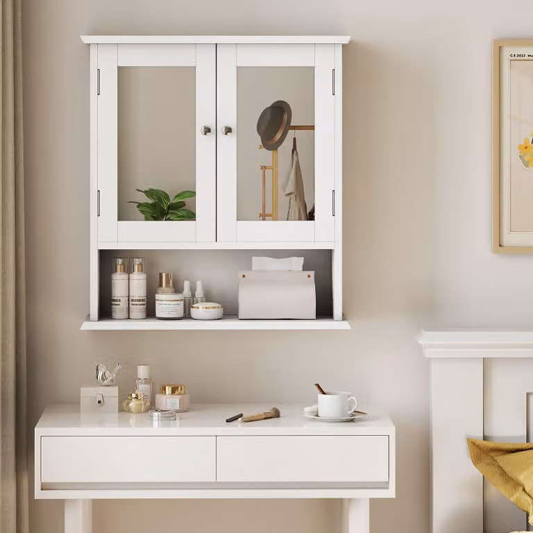 Armadietto da bagno - Mobile da bagno - Colonna portaoggetti - Specchiera - Armadietto per medicinali - Bianco, MDF e vetro