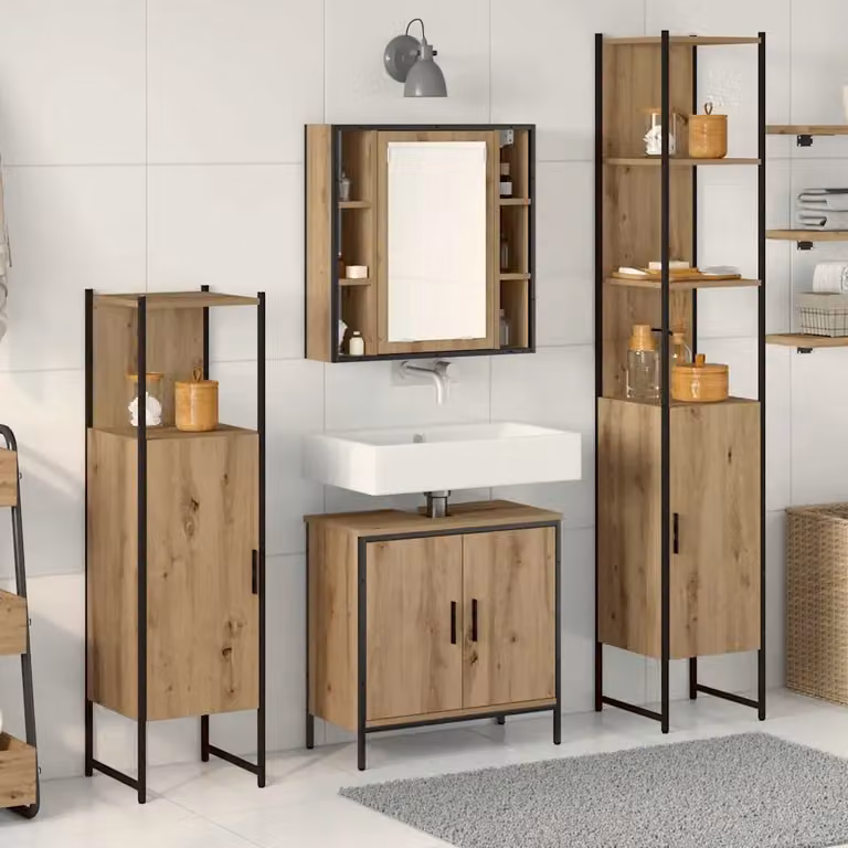 Set di mobili da bagno moderno vidaXL composto da 4 pezzi in legno marrone e nero con armadietto a specchio, mobile lavabo, colonna alta e mobile laterale sospeso