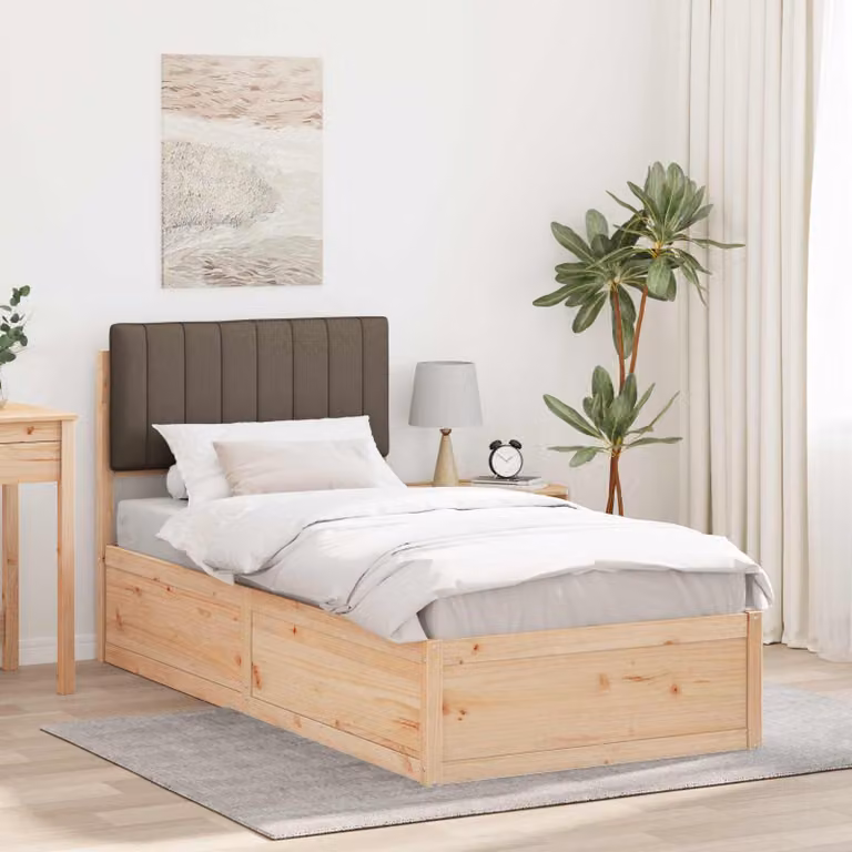 Letto con Testiera Rivestita in Tessuto e Struttura in Pino Massello vidaXL, Colore Beige/Grigio, L/P/H: 90 x 190 x 95,5 cm