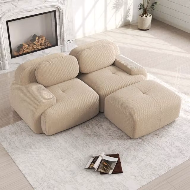 Divano angolare modulare senza montaggio in tessuto corduroy con braccioli curvi e schiuma ad alta densità beige