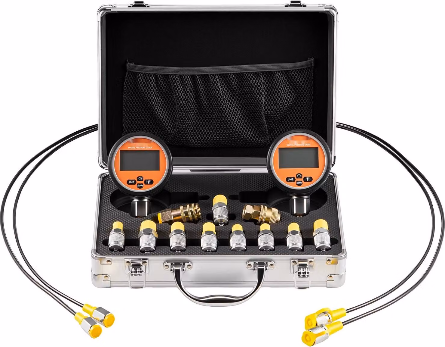 Set di prova pressione idraulica - Tester manometro - Intervallo di pressione 10000 PSI (690 bar) - 2 manometri - 9 raccordi di prova - 2 raccordi rapidi - 2 tubi flessibili - Per escavatori e macchine edili