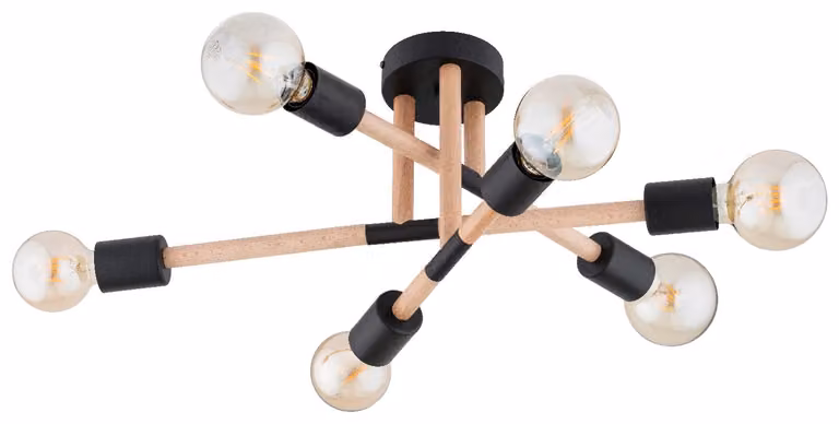 Lampada da soffitto OTELLO in legno chiaro e nero, 6xE27x15W, legno, dimensioni: 26x48x60 cm, IP20, Alfa