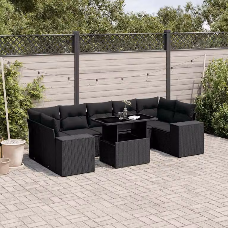 Set di divani da giardino vidaXL a forma di L in polyrattan nero con 8 pezzi e cuscini inclusi