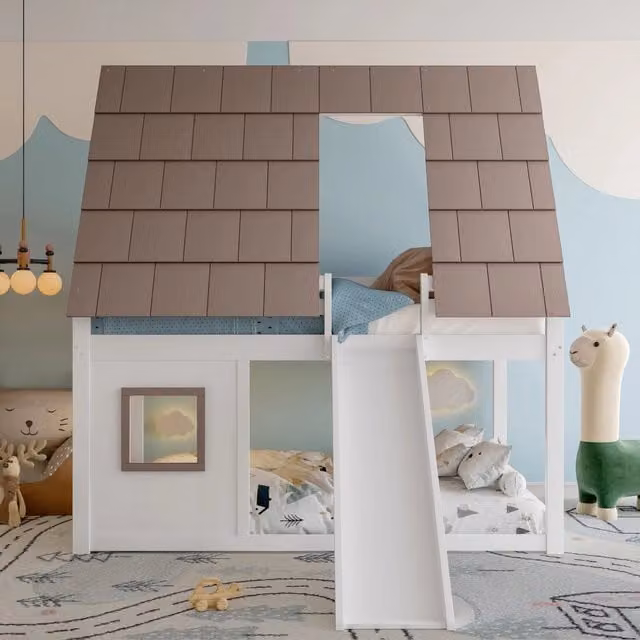 Letto a castello 140x200 cm a casetta in legno con tetto; scala e scivolo; bianco e marrone