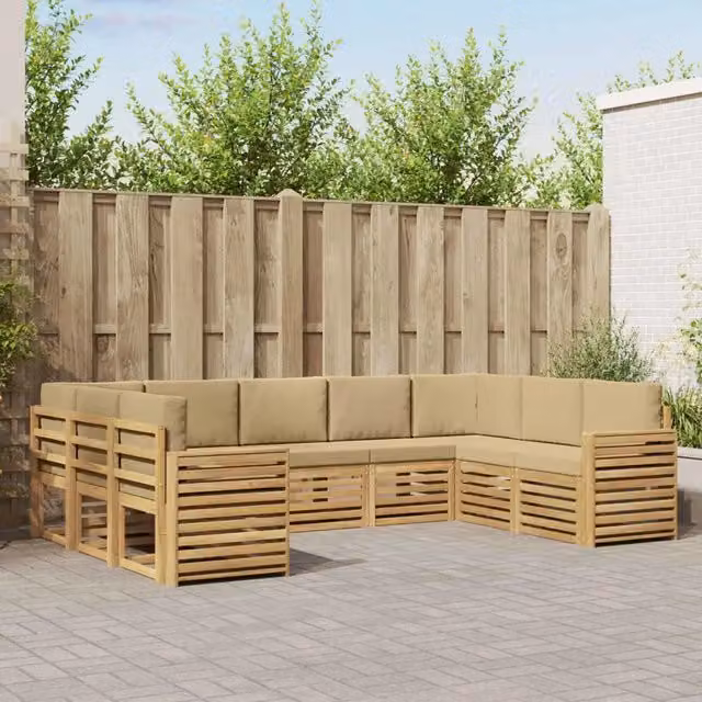 Set di divano angolare vidaXL in legno di acacia massello marrone con cuscini beige per giardino e terrazzo – 1