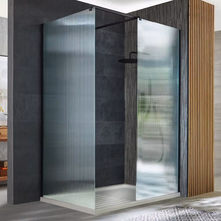Box Doccia Walk-In Angolare Nero Vetro Scanalato 1100x700mm