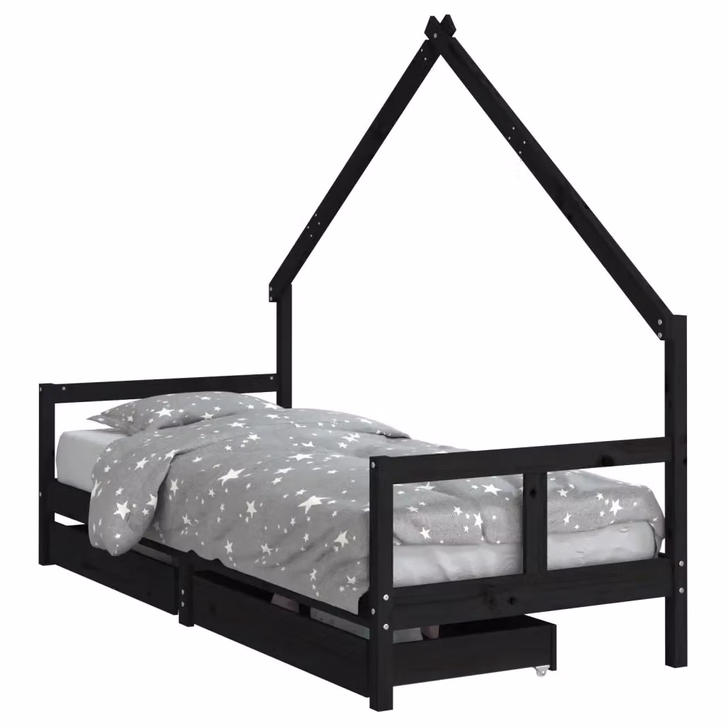 Letto a casetta per bambini vidaXL in legno massello di pino con cassetti, colore nero, L 80 cm x P 200 cm – 2