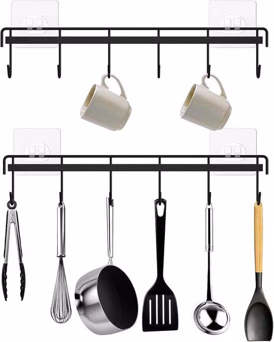 Ganci da cucina, portaposate autoadesivo, mensola da cucina da parete con 12 ganci, nero, 2 pezzi