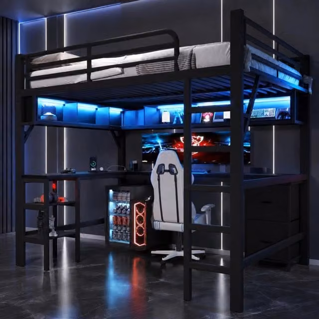 Desviae Letto a soppalco 140 × 200 cm in metallo e MDF nero con scrivania scaffali cassetti LED e ricarica USB
