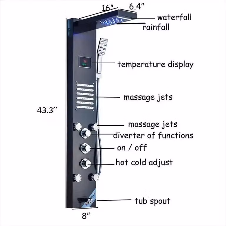 Pannello doccia LED - Doccia a pioggia e cascata 8004 - Ugelli per massaggio corporeo - Display digitale della temperatura - Miscelatore per vasca con erogatore - Acciaio inossidabile 304 - Nero