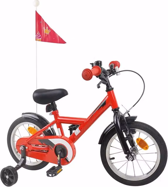 Bicicletta per bambini da 14 pollici rossa con struttura in metallo e pneumatici in gomma
