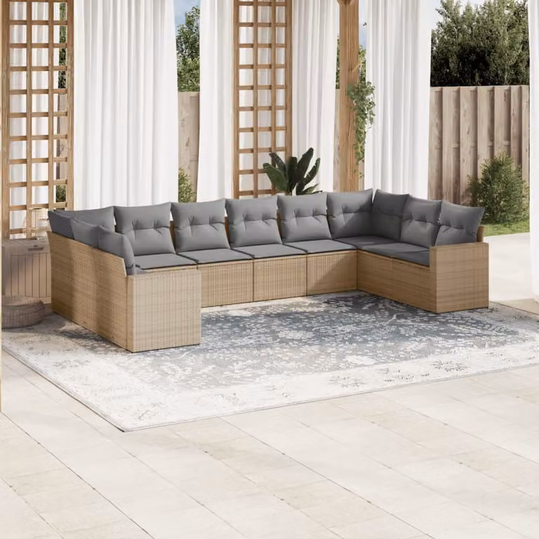 vidaXL Set Divano da Giardino 10 pz a Forma a L con Cuscini Beige e Struttura in Metallo e Polyrattan