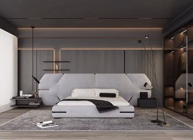 Modernes graues Bett mit elegantem Kopfteil und stilvollem Design Schlafzimmer