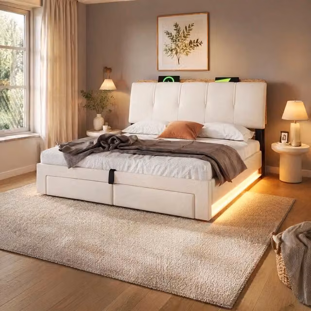 Letto Contenitore REDOM in Tessuto Beige con Base a Sollevamento, Porte USB, Type-C e Illuminazione LED, L/P: 140 x 200 cm, H: 218 cm