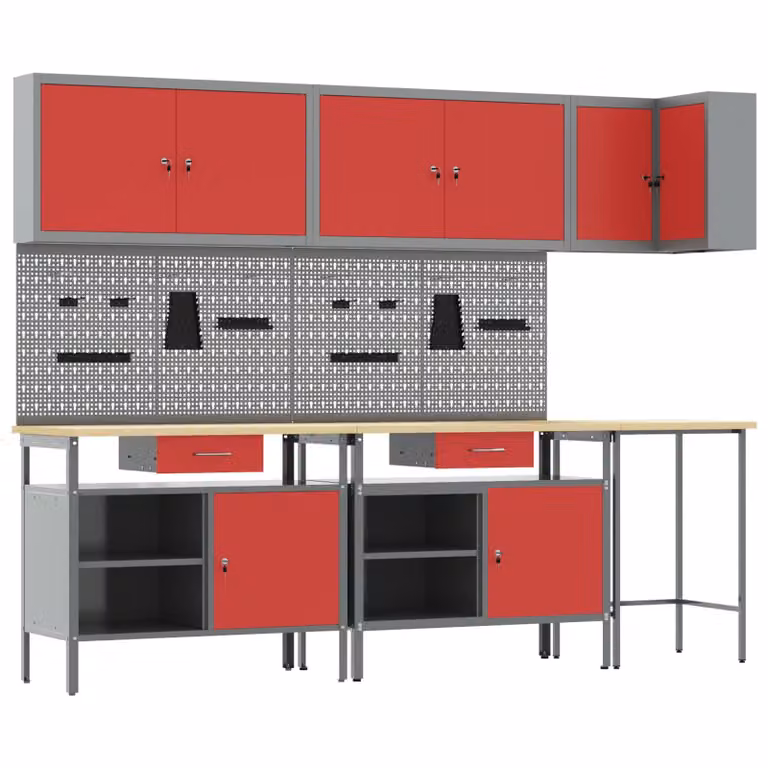 vidaXL Set di mobili da lavoro con cassetto 10 pz Rosso e Grigio
