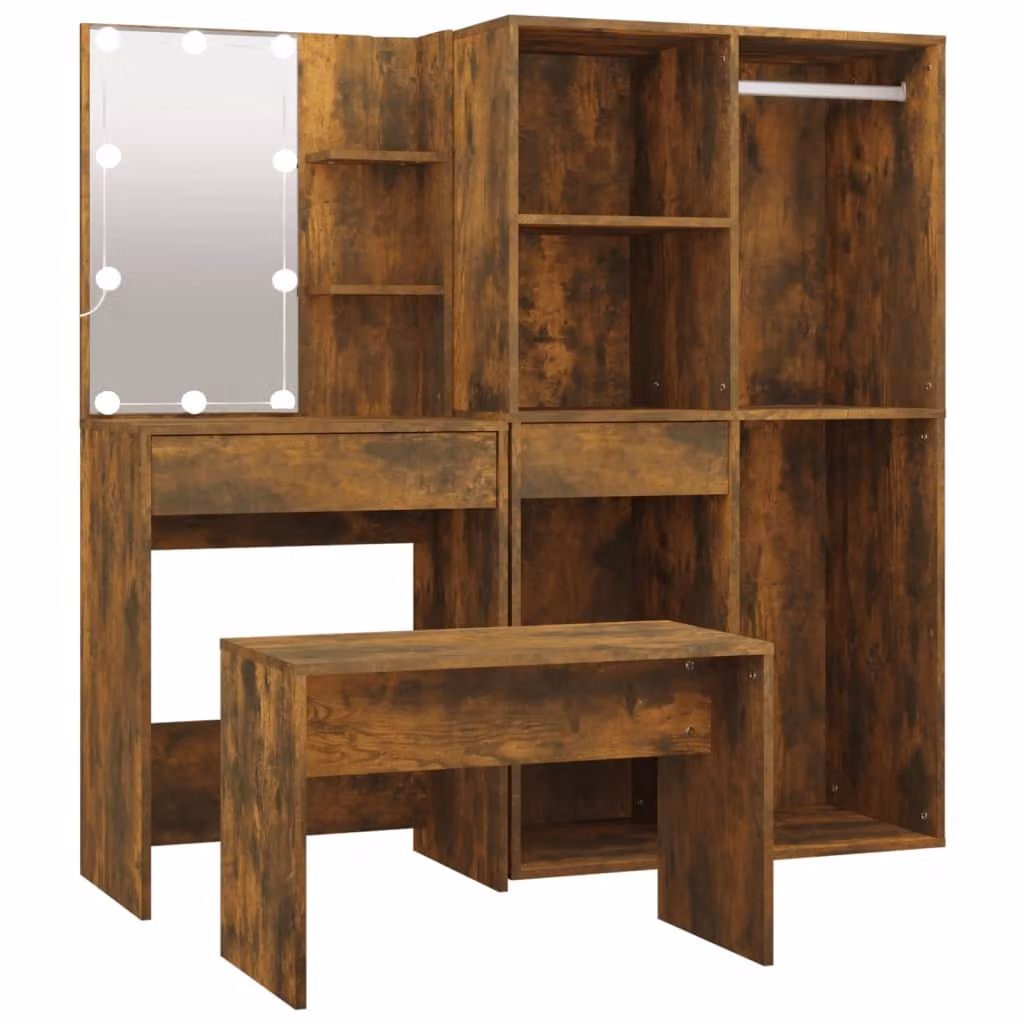 Set Tavolo da Toeletta con LED Rovere Fumo in Legno Multistrato