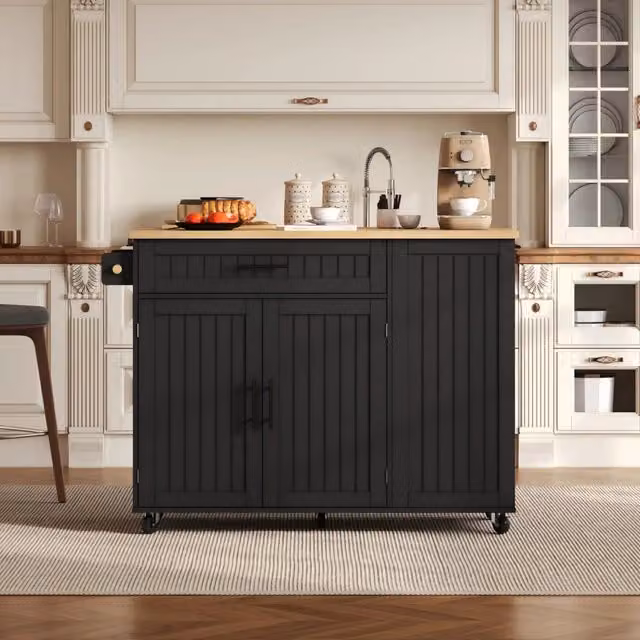 Isola da cucina mobile WISHDOR nera con piano ribaltabile, ruote bloccabili e vano rifiuti nascosto, L: 130 cm, P: 70 cm, H: 93 cm
