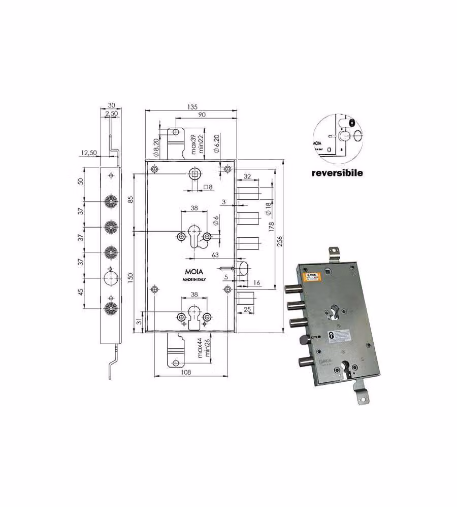 Serratura Sicura Triplice Cilindro  E63 Rmto6654/370 Moia