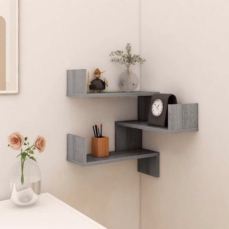 Scaffale angolare a parete, realizzato in materiale composito, colore grigio Sonoma