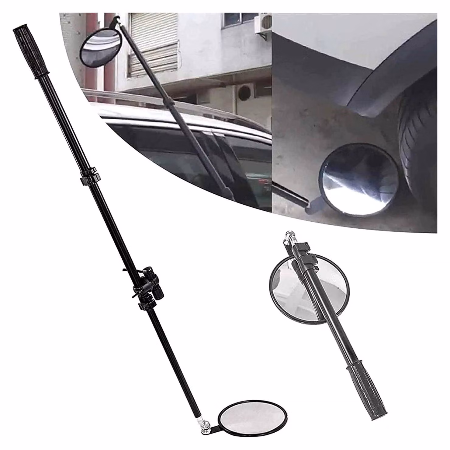 Specchio per ispezioni di veicoli con funzione telescopica, da 50 a 110 cm, con superficie convessa, realizzato in lega di alluminio e dotato di illuminazione