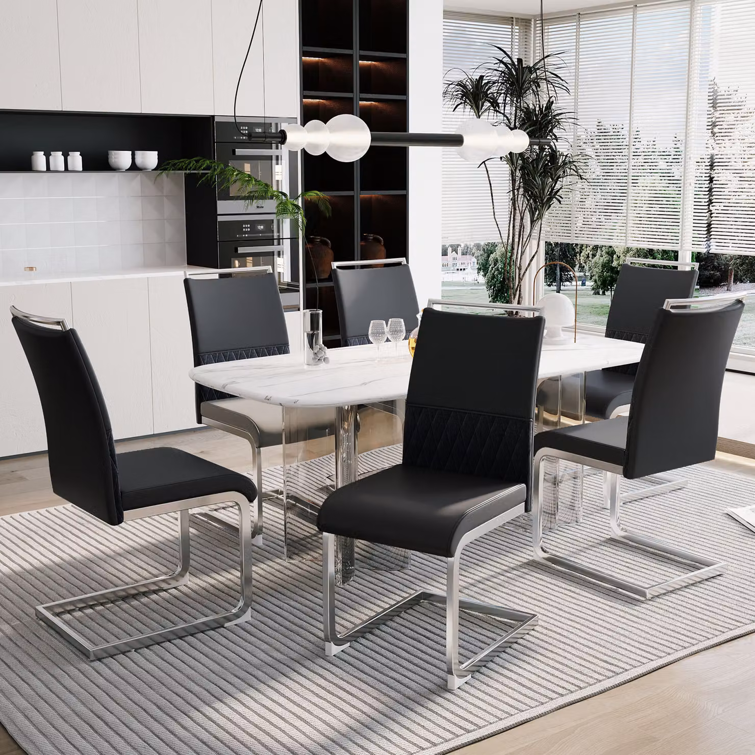 Sedie per sala da pranzo Flieks, set di 6 sedie imbottite, sedia da ufficio a sbalzo con schienale, sedia da cucina con rivestimento in ecopelle, nero