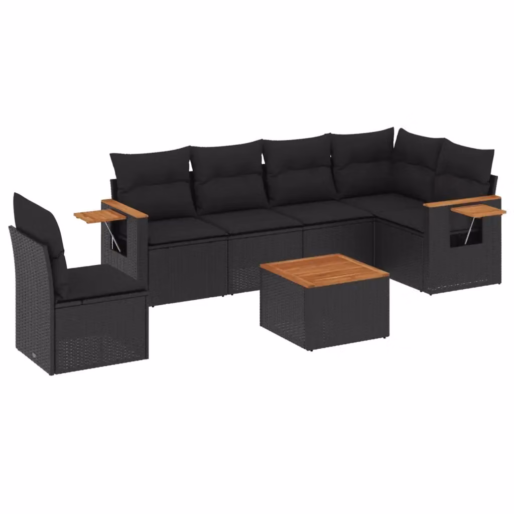 vidaXL Set Divani da Giardino a L con Cuscini 7pz in Polyrattan Nero e Legno di Acacia – 2