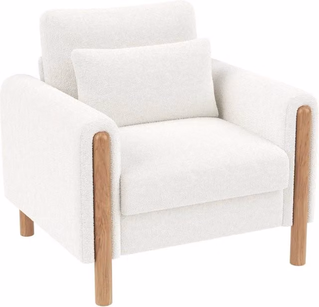 Poltrona con braccioli moderna in tessuto Teddy bianco, imbottitura spessa e confortevole, con struttura in legno massello, 87x83x88,5 cm