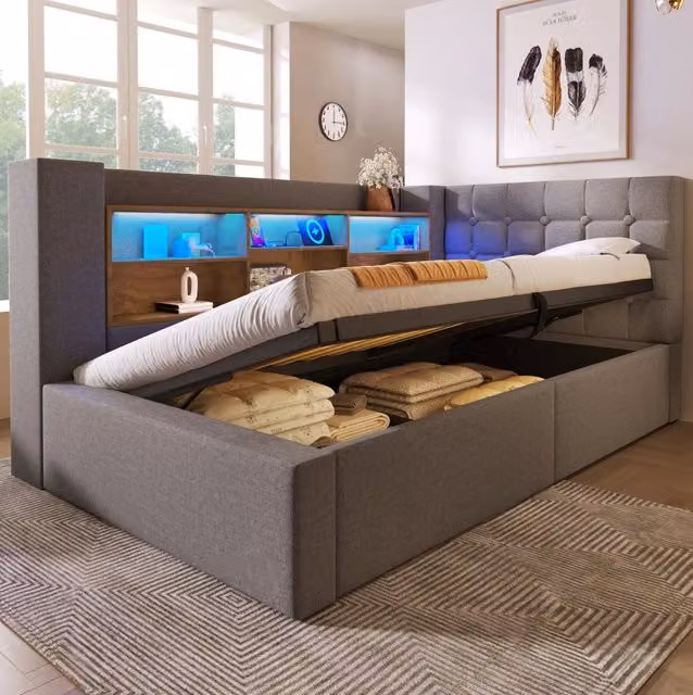 Letto 90x190 cm con contenitore; LED e porte USB in lino grigio