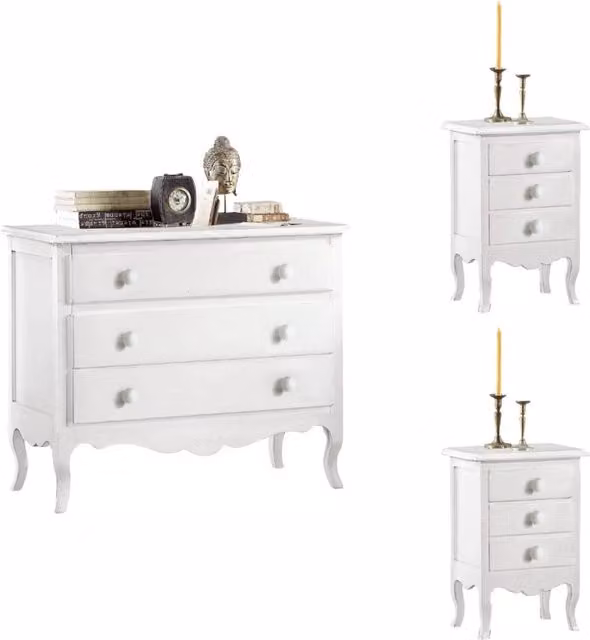 Set composto da una cassettiera e due comodini in legno stile shabby chic bianco opaco Mobili 2G – 3