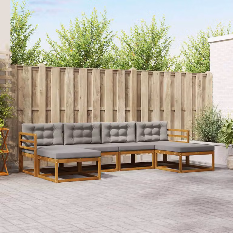 Set di divani da esterno vidaXL a forma di L in legno di acacia con pouf e cuscini, beige e grigio