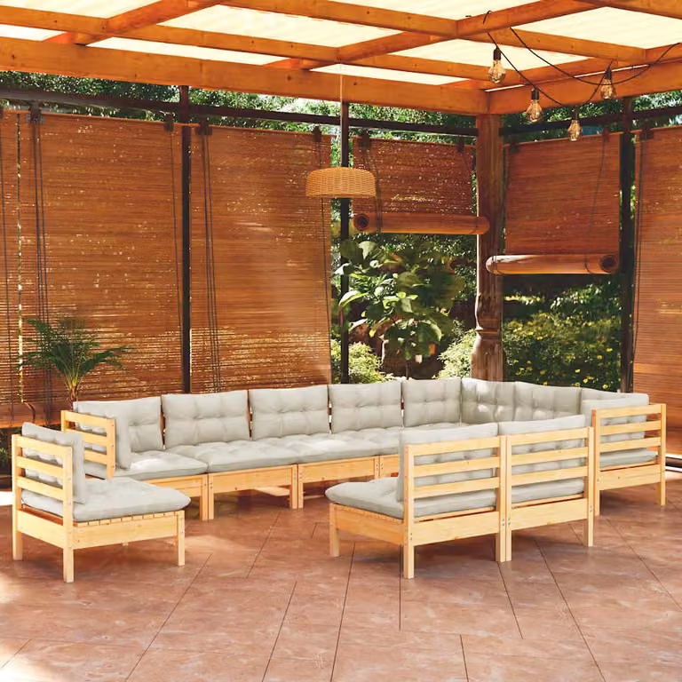 vidaXL Set di Divani da Giardino a L in Legno Massello di Pino con Cuscini Beige 10 Pezzi