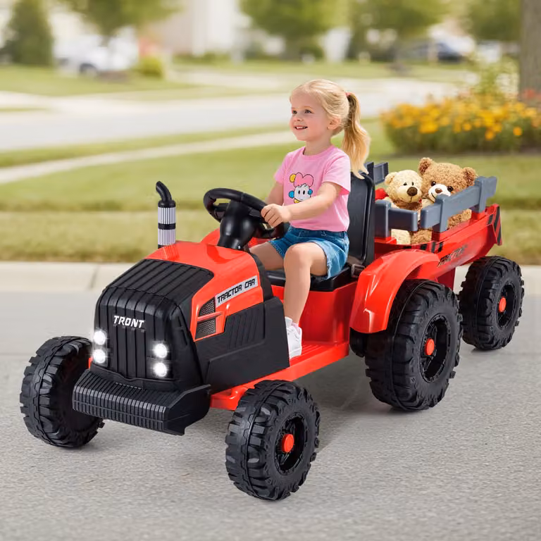 Trattore elettrico a pedali Costway 24V per bambini con rimorchio staccabile, colore Rosso