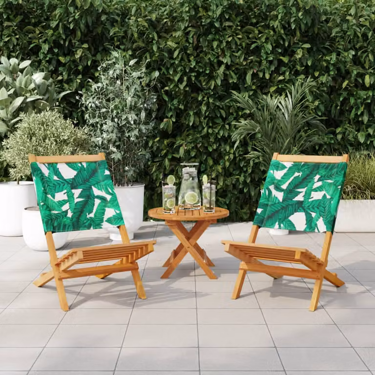 vidaXL Sedie Giardino 2pz Motivo Foglia Legno Massello Acacia Tessuto
