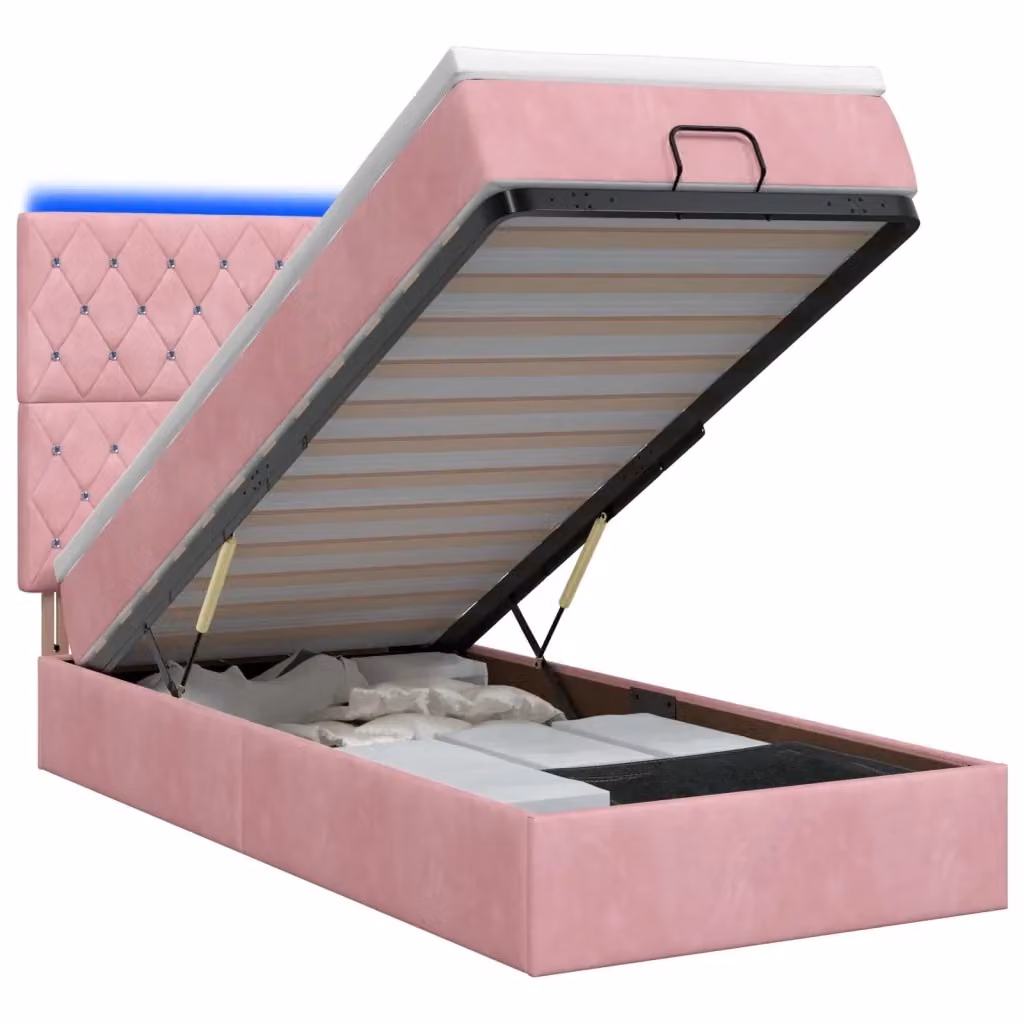 Letto Ottomano con Materasso e Illuminazione LED vidaXL in Velluto Rosa e Bianco L: 200 cm, P: 100 cm, H: 88 cm – 2