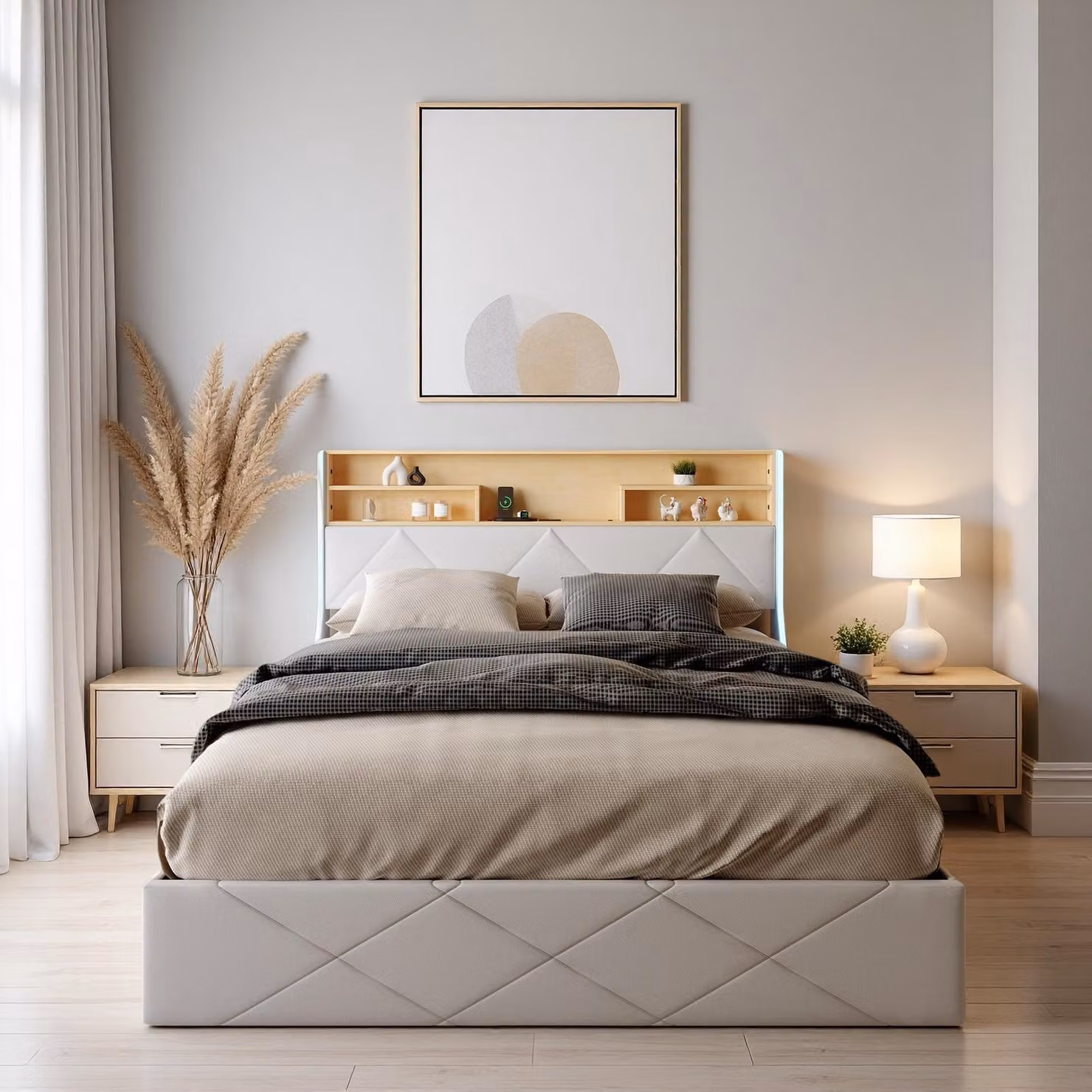 Letto idraulico ProximaX 160×200 cm, bianco, in Finto cuoio, testata con porta USB e vano portaoggetti, ampia base letto, strisce luminose a LED su entrambi i lati