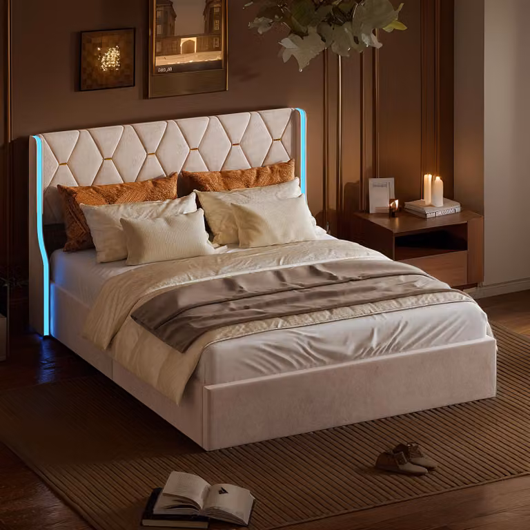 CDGlobal letto imbottito con LED, lettore Bluetooth e USB, letto a molle idrauliche letto matrimoniale 160x200cm, letto in legno letto contenitore letto per ragazzi, beige