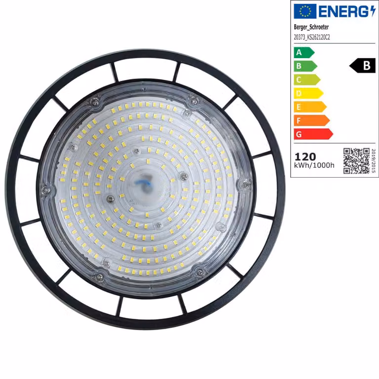 Berger & Schröter | Faretto LED UFO High Bay Light Faretto per capannoni 120 W, classe di efficienza energetica B, super luminoso 19200 lumen, plafoniera 6500 K